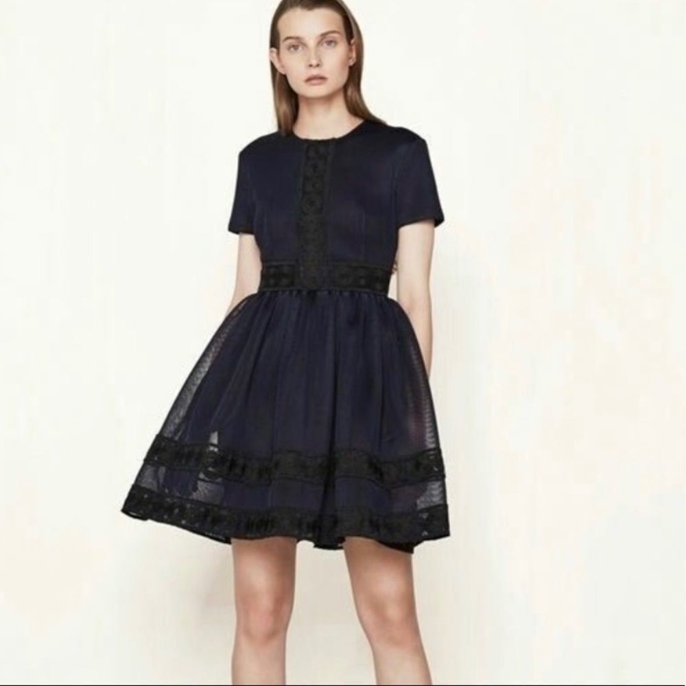 Maje Basket Weave Dress Robe Maille Navy Black NWT